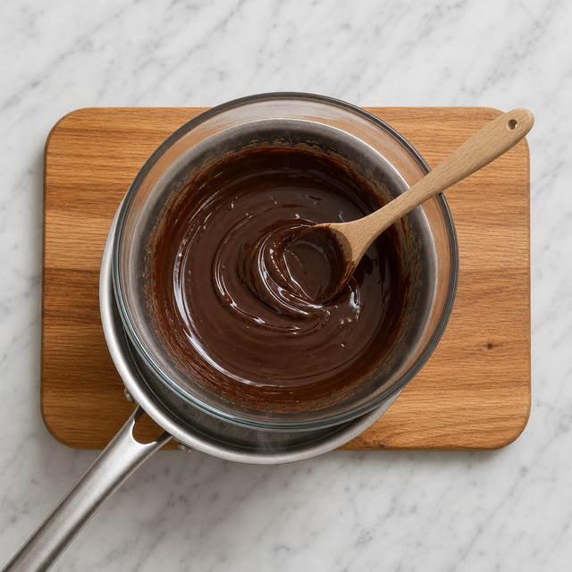 Glossy melted chocolate and butter in a heatproof bowl