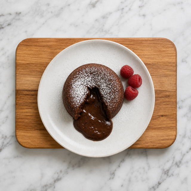Plated molten chocolate cake with a flowing center