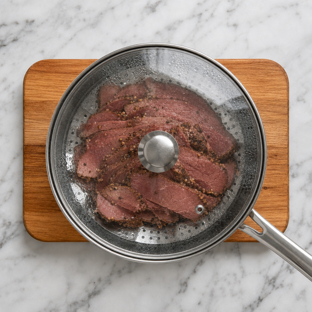 Thin smoked meat slices gently steaming over simmering water