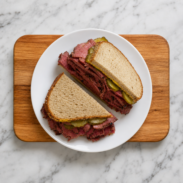 Diagonal Montreal smoked meat sandwiches with generous beef layers and dill pickles