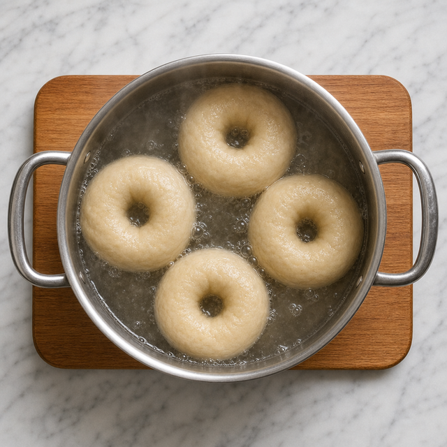 Bagels boiling in honey-sweetened water before baking