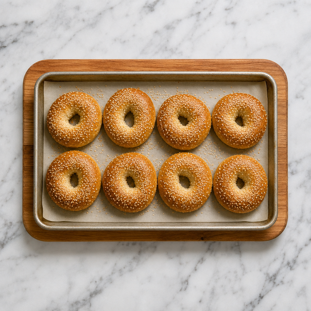 Freshly baked golden Montreal-style sesame bagels
