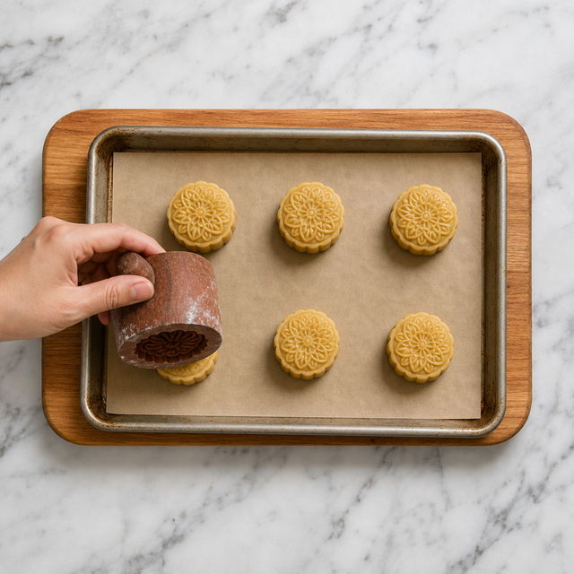 A patterned mooncake being pressed from a mold