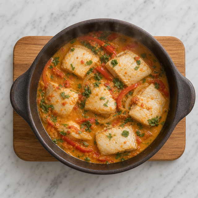 White fish gently simmering in coconut tomato broth for moqueca