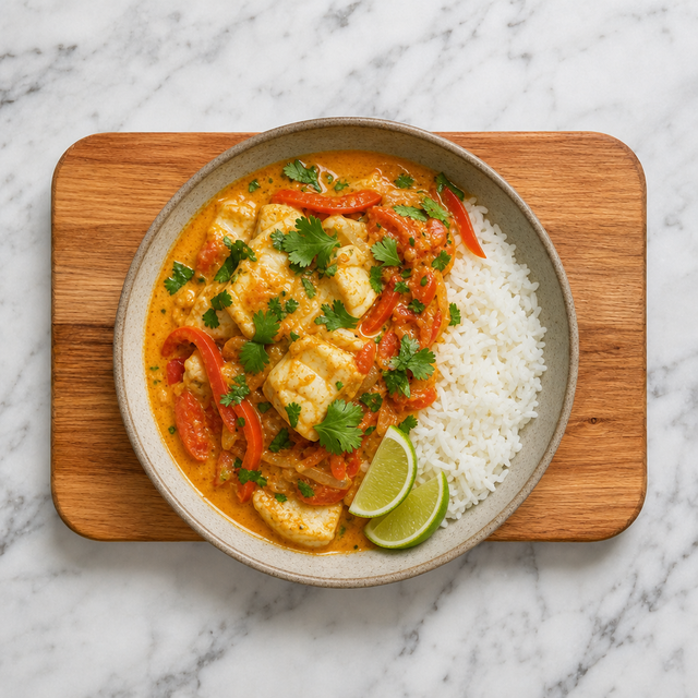 Finished Brazilian moqueca with coconut broth, cilantro, and lime