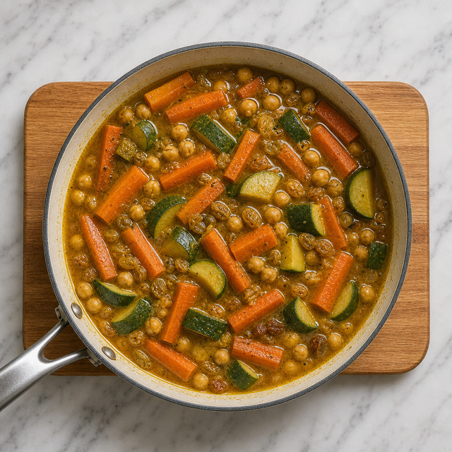 Moroccan vegetables, chickpeas, and raisins simmering in spiced broth