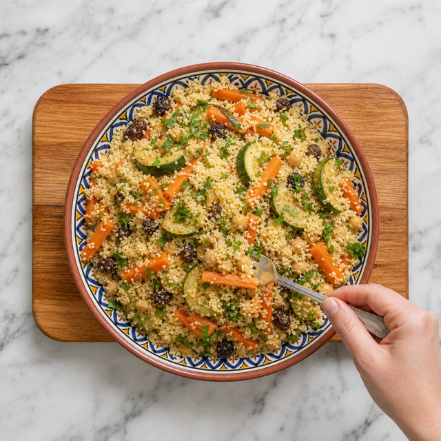 Fluffy couscous folded with Moroccan vegetables, chickpeas, raisins, and cilantro