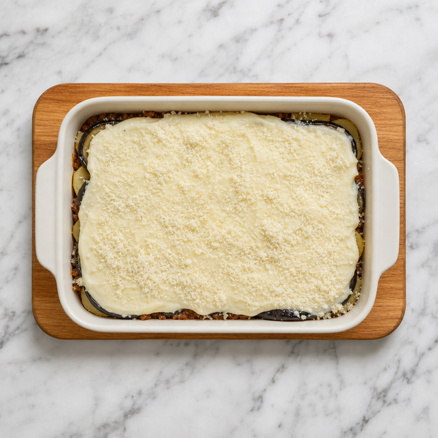 Layered moussaka assembled in a baking dish before baking.