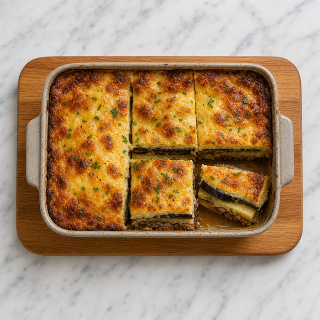 Golden moussaka sliced to show distinct layers of eggplant, potato, lamb and béchamel.