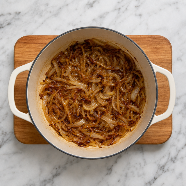 Onions caramelized to a deep golden brown in a wide pot