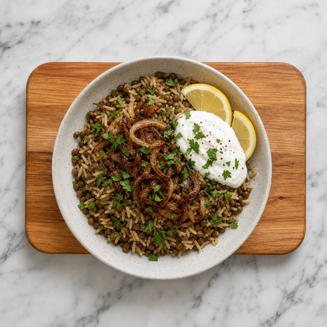 Mujadara topped with caramelized onions, yogurt, parsley, and lemon