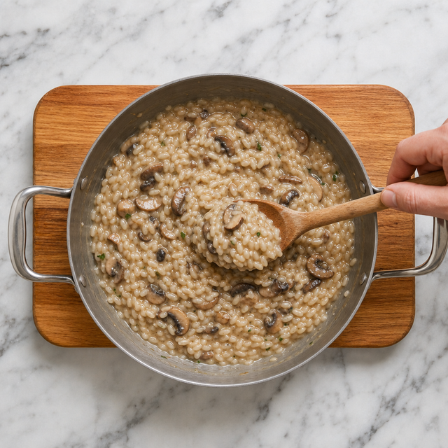 Creamy risotto being stirred in a saucepan