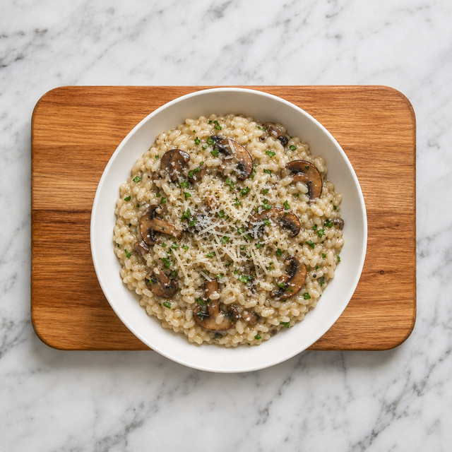 Bowl of creamy mushroom risotto with Parmesan and parsley