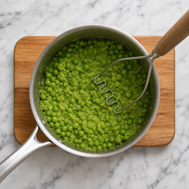 Partially crushed peas with a rustic mushy texture in a saucepan