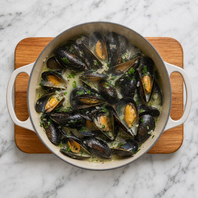 Opened mussels steaming in white wine broth in a wide pot