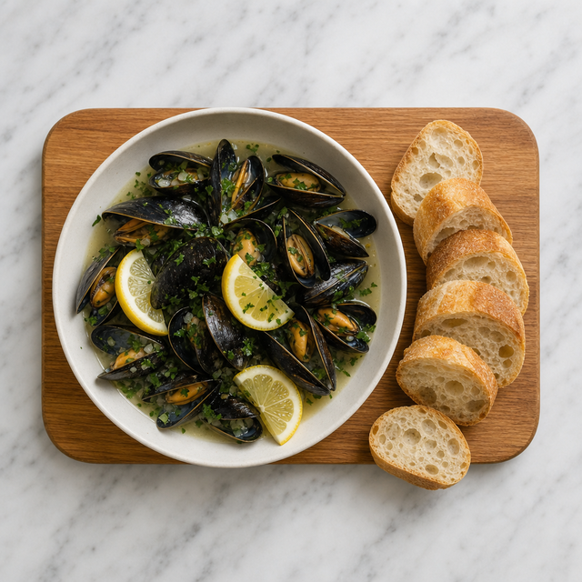 Mussels in white wine broth served with parsley, lemon, and baguette