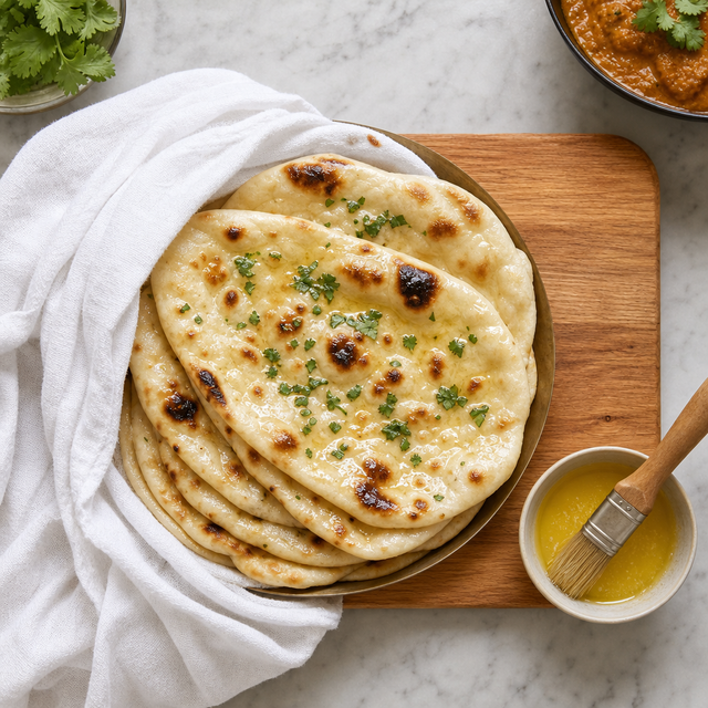 Stack of warm buttered naan bread