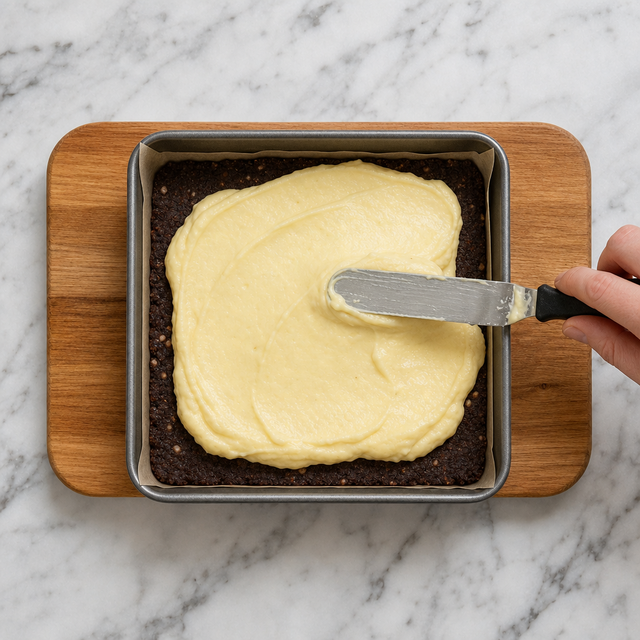 Vanilla custard layer spread evenly over the chilled Nanaimo bar base.