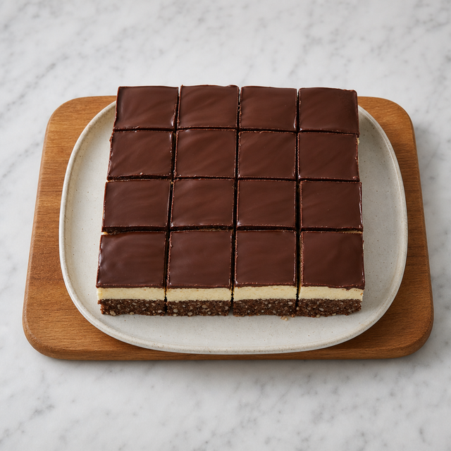 Sliced Nanaimo Bars showing their cocoa coconut, vanilla custard, and chocolate layers.