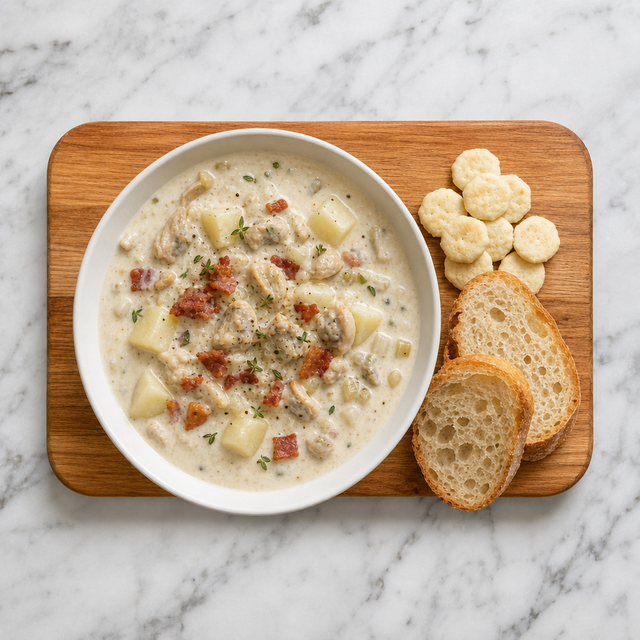 Bowl of creamy New England clam chowder with potatoes, clams, and bacon