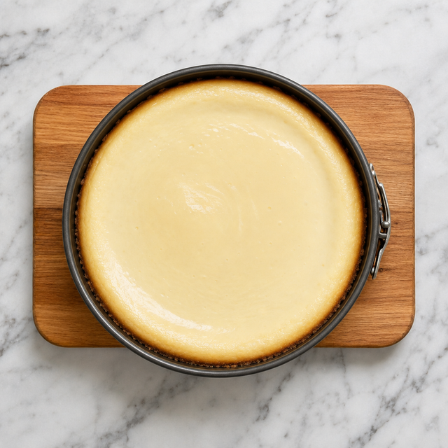 New York cheesecake with set edges and a gently wobbly center