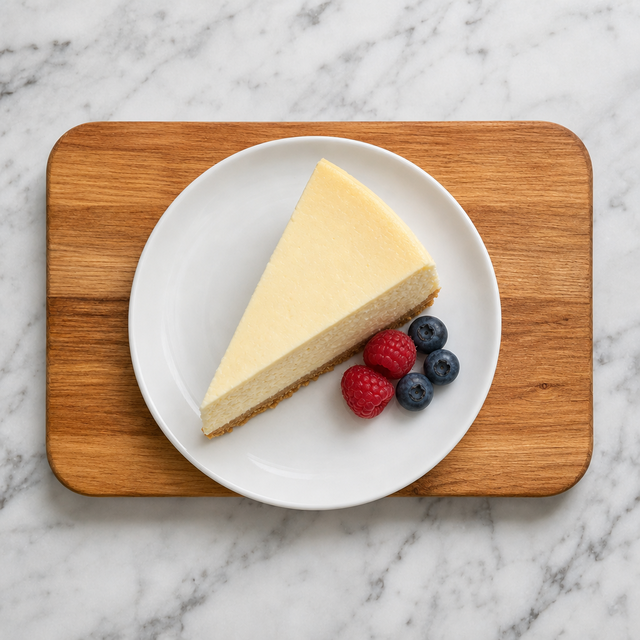 Clean slice of classic New York cheesecake with a golden crumb crust
