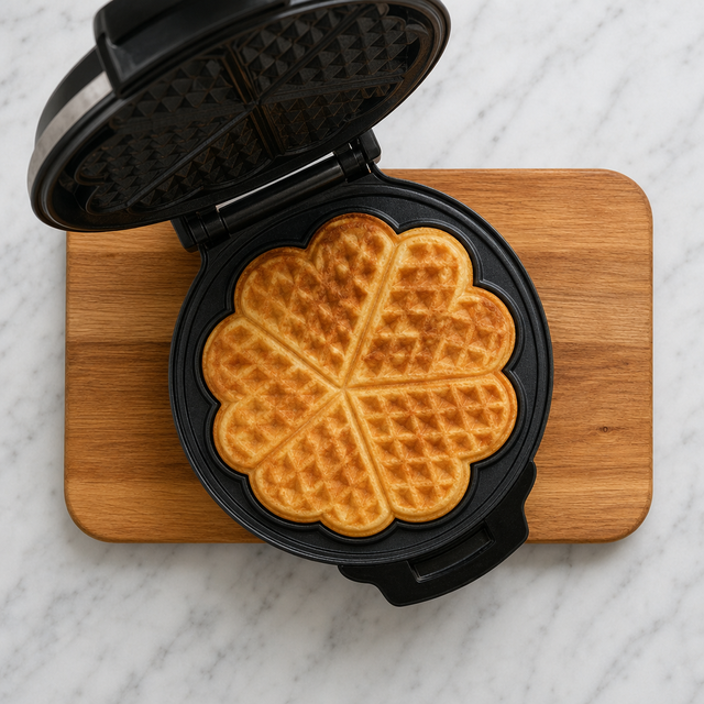 Golden heart-shaped Norwegian waffle in a waffle iron