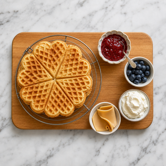 Norwegian waffles served with jam, berries, whipped cream, and brown cheese