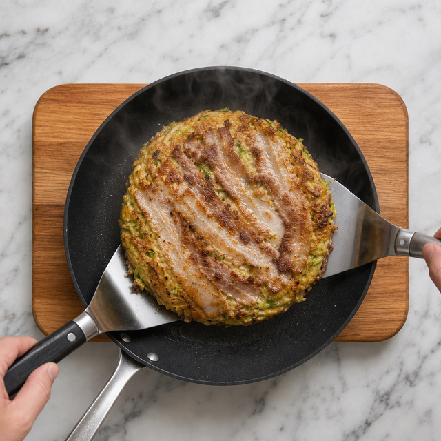Golden okonomiyaki cooking in a skillet with browned pork belly