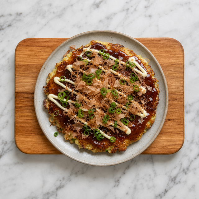 Okonomiyaki topped with sauce, mayonnaise, bonito flakes, and scallions