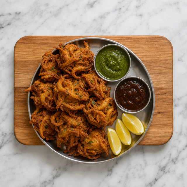 Golden onion pakoras served with chutneys and lemon