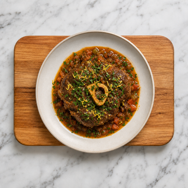 Osso buco plated with lemon-parsley gremolata