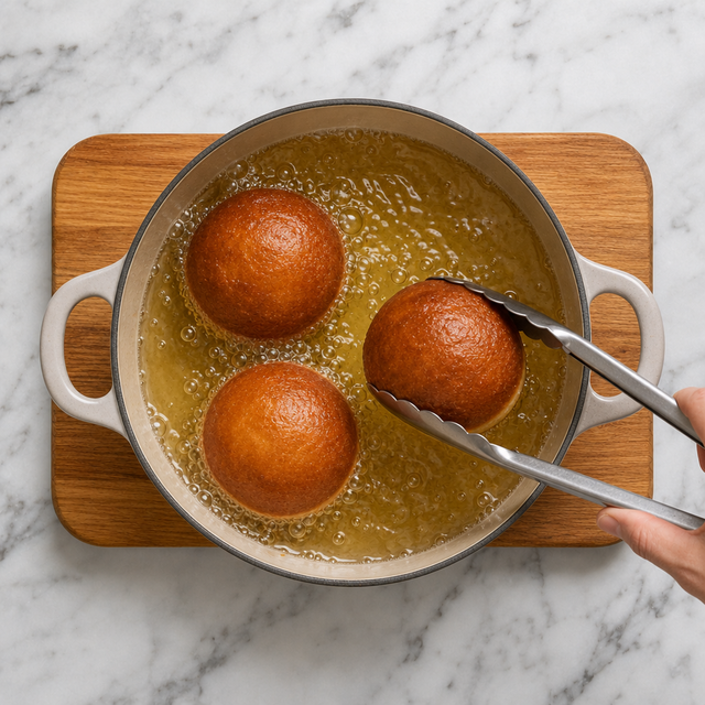 Pączki frying until evenly golden brown