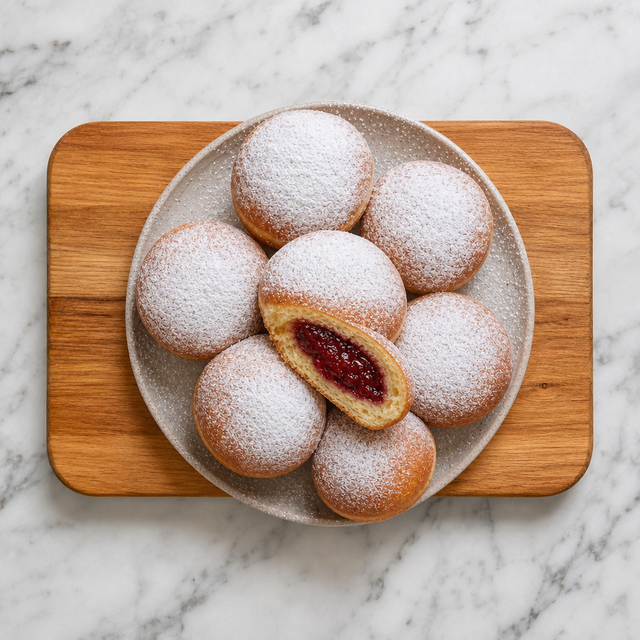 Sugar-dusted Polish pączki with raspberry filling