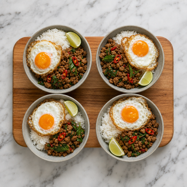 Pad kra pao with jasmine rice and crisp fried egg