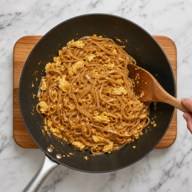 Rice noodles and soft egg curds tossed with Pad Thai sauce