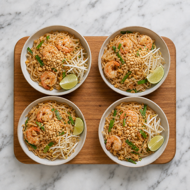 Finished Pad Thai garnished with peanuts, bean sprouts, and lime wedges