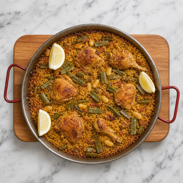 Finished Paella Valenciana with golden rice and vegetables