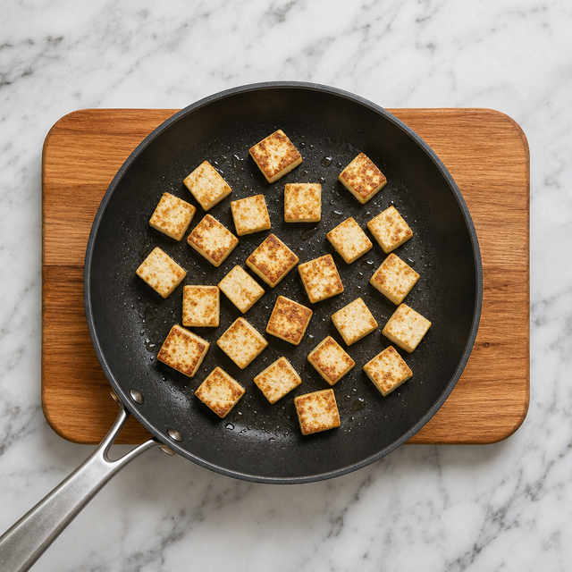 Paneer cubes lightly seared until golden in a skillet