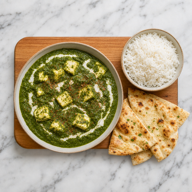 Finished palak paneer with paneer cubes and a cream swirl