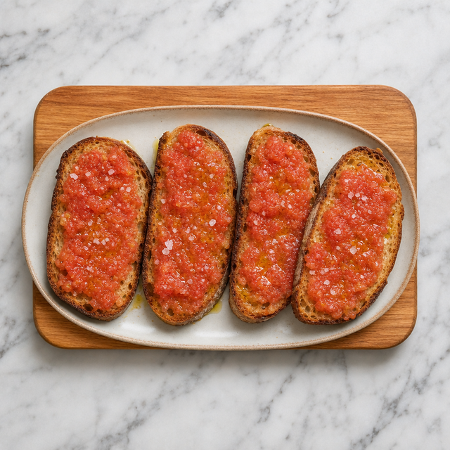 Finished Pan con Tomate topped with tomato, olive oil, and sea salt