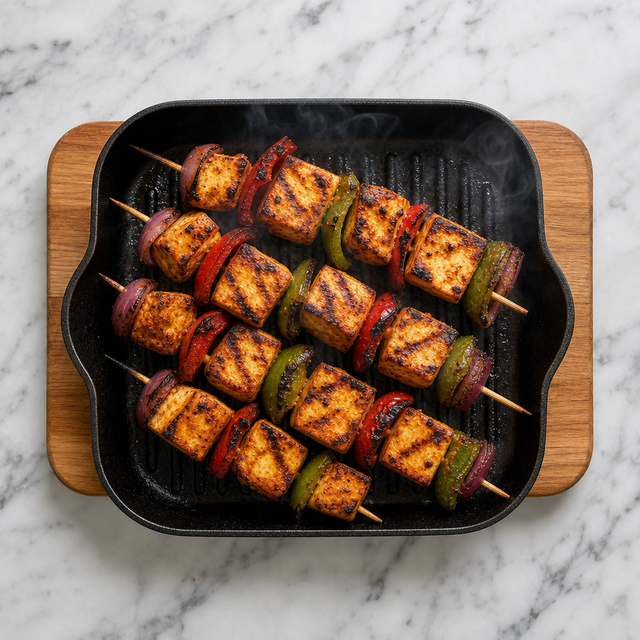 Paneer tikka skewers with charred paneer, peppers, and onion on a grill