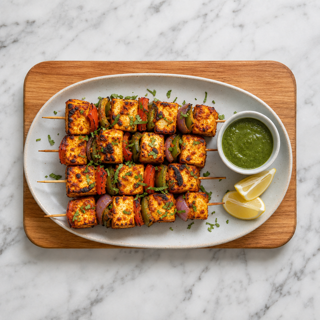 Grilled paneer tikka served with lemon wedges and mint chutney