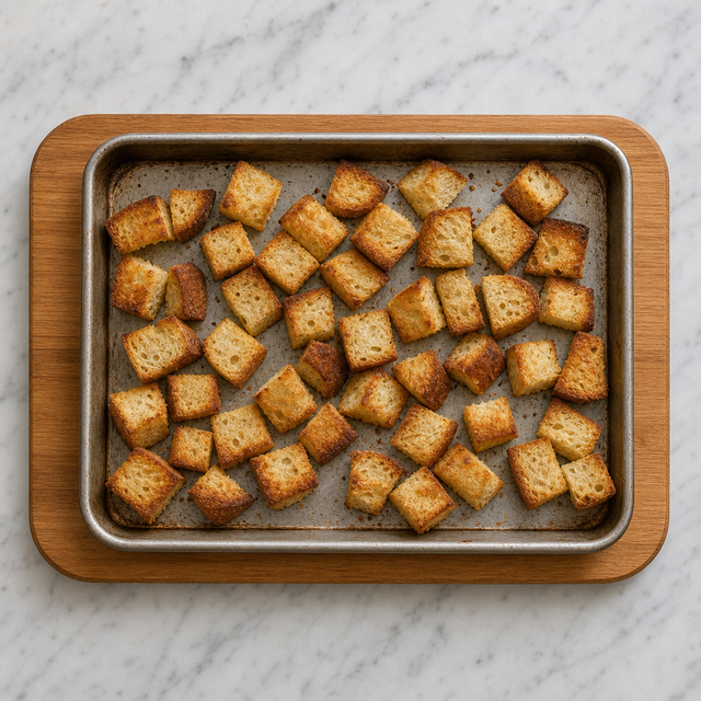 Golden toasted bread cubes cooling on a baking sheet