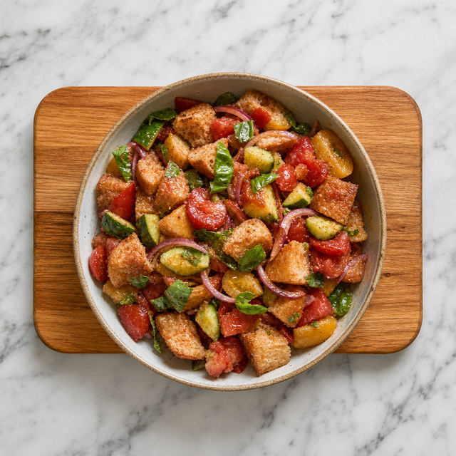 Panzanella with toasted bread, tomatoes, cucumber, red onion, and basil