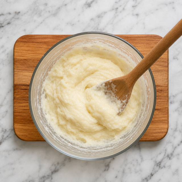 Warm tapioca dough after the simmered milk mixture has been incorporated