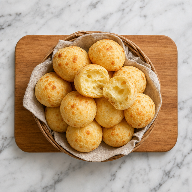 Freshly baked golden pão de queijo with a chewy cheese center