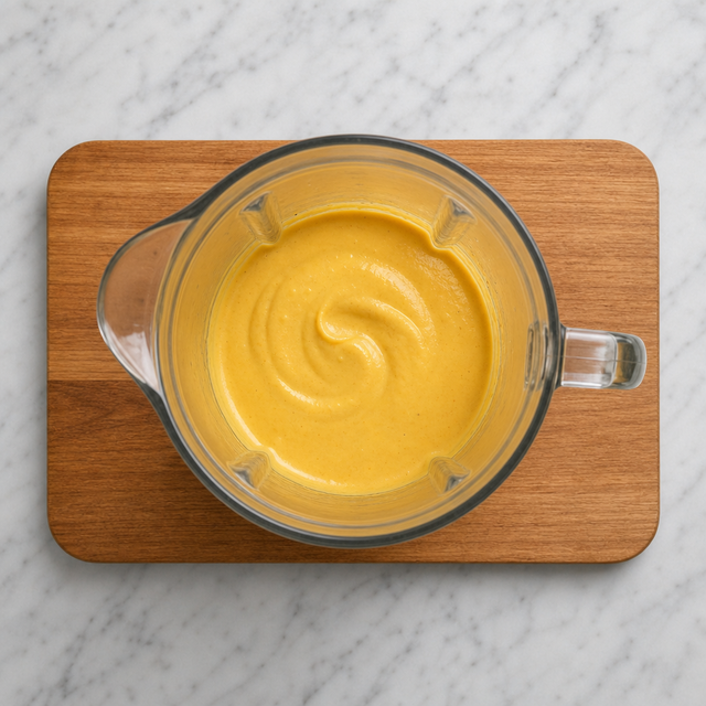 Smooth golden aji amarillo and cheese sauce in a blender