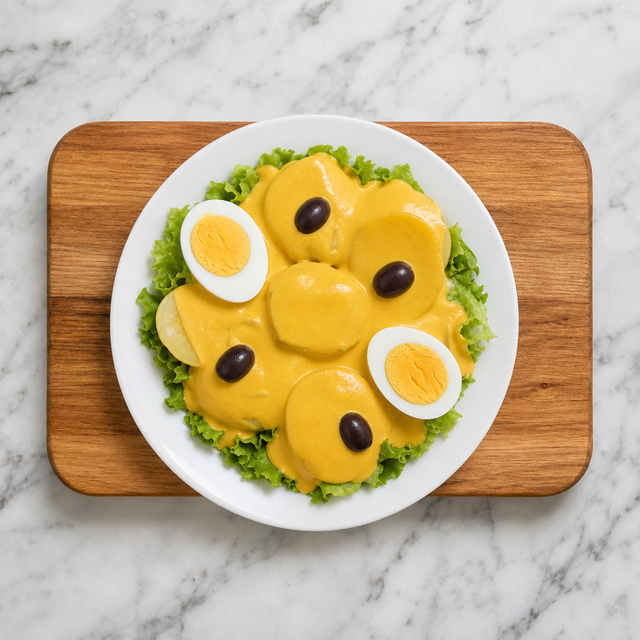 Papa a la Huancaína with creamy golden sauce, black olives, and eggs