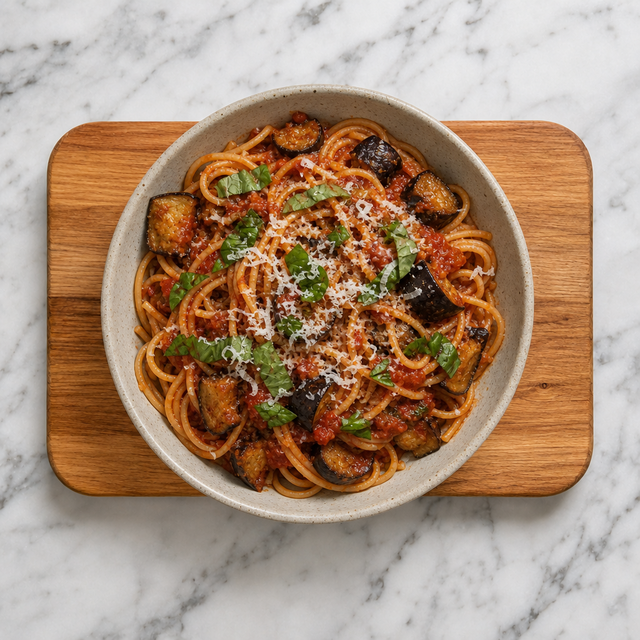 Pasta alla Norma with eggplant, basil, and grated ricotta salata